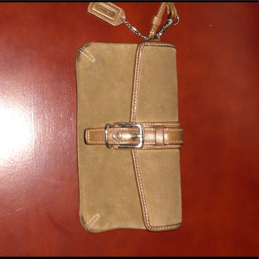 Coach suede wristlet in camel/tan color